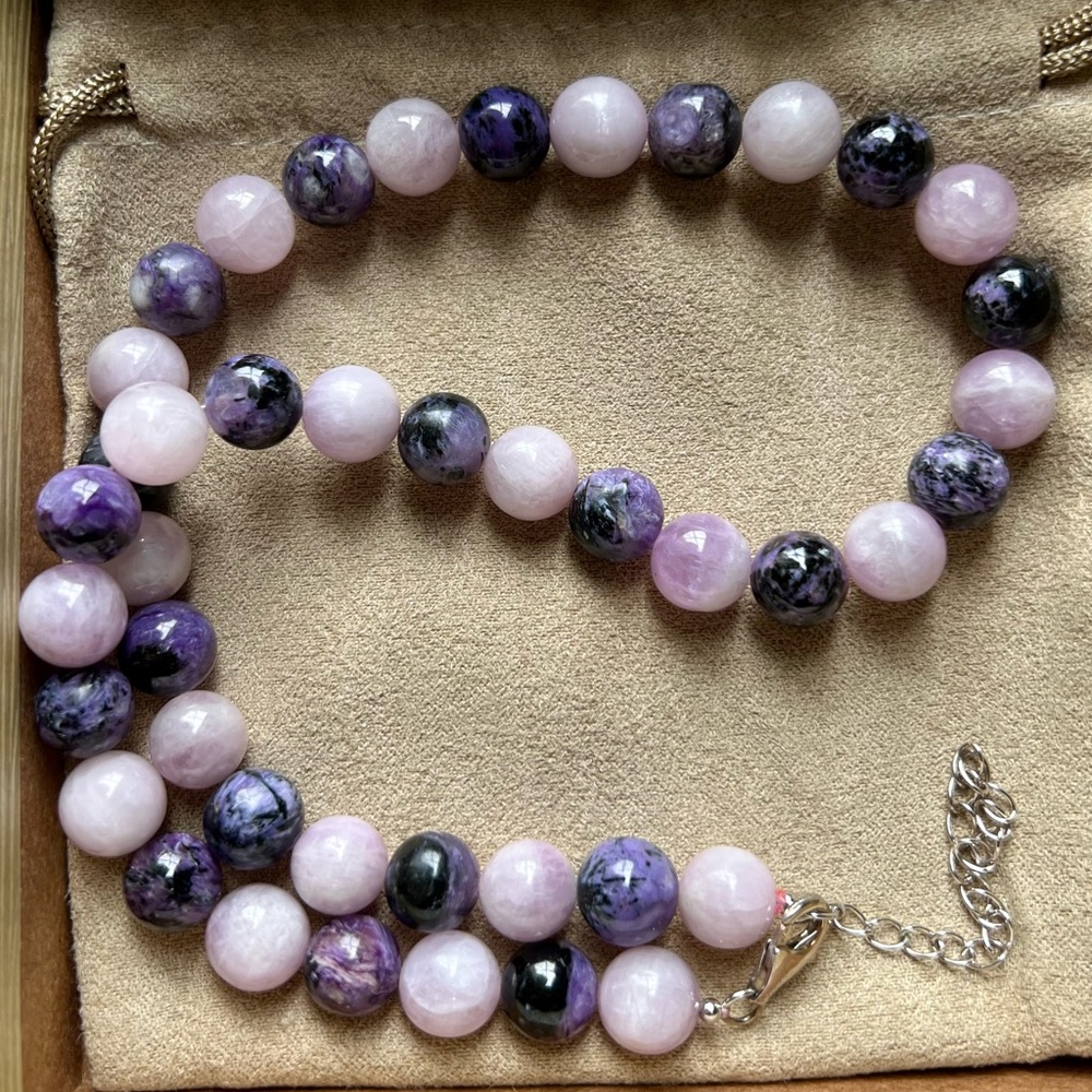 Kunzite & Charoite Round Knotted Bead Strand Sterling Silver Necklace